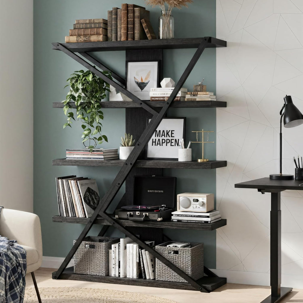 Industrial Book shelf Five Tier Solid Oak Wood Metal