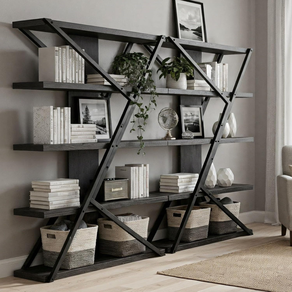 Industrial Book shelf Five Tier Solid Oak Wood Metal
